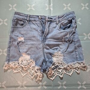 Almost Famous Light Blue Jean Shorts with White Lace